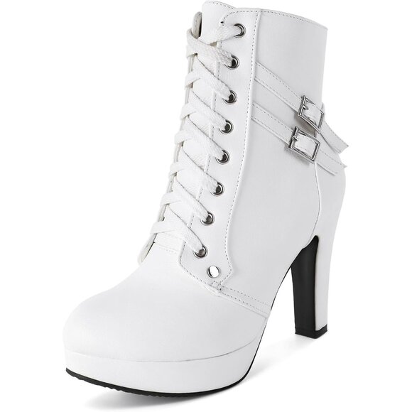 Women's White Susanny High Heel Platform for Sexy Lace Up Mid Calf Boots - Picture 1 of 9